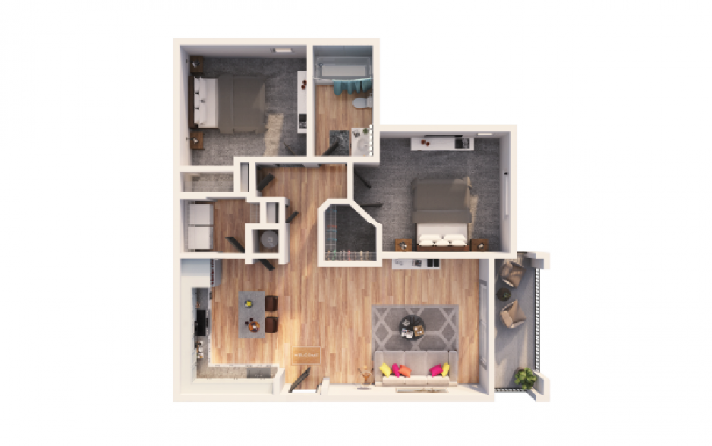 Santiago - 2 bedroom floorplan layout with 1 bath and 914 square feet.