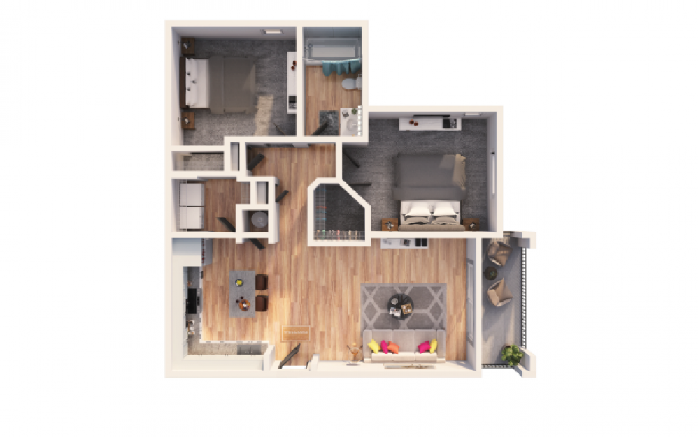 Sevilla - 2 bedroom floorplan layout with 1 bath and 940 square feet.